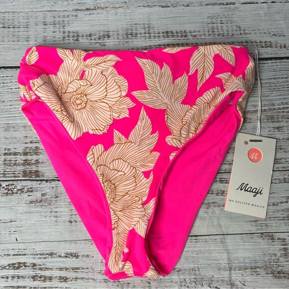 Maaji Small Standard High Rise Bikini Swim Bottom Reversible Pink Floral NEW - Picture 1 of 11